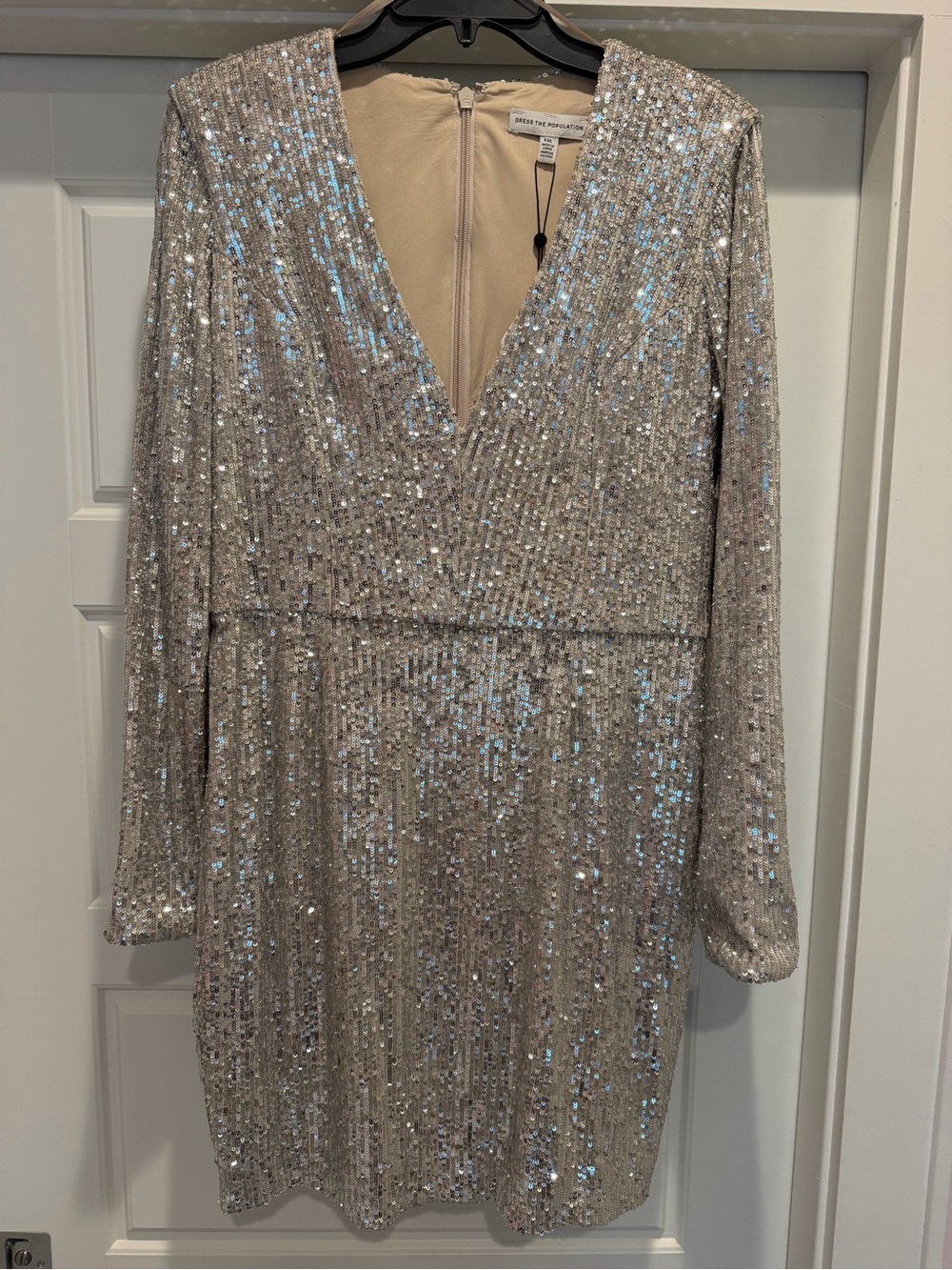 Dress the Population sequin vneck Long Sleeve Dress in silver champagne XXL NWT